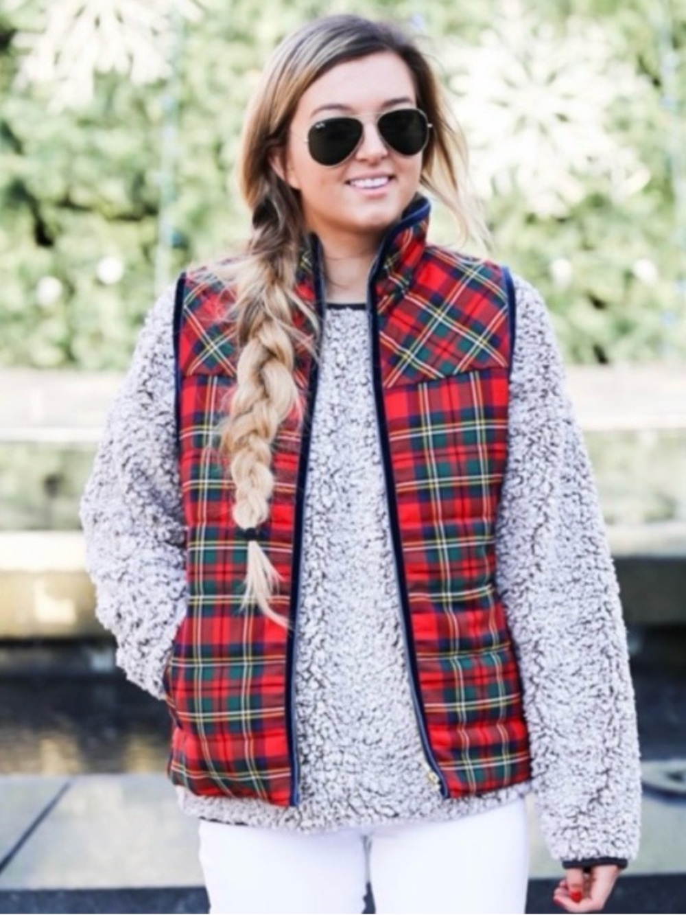 J. Crew Red Tartan Plaid Quilted Vest Holiday Velvet Trim Gold